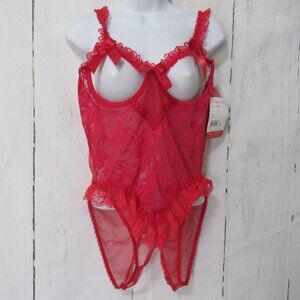 New Shirley Of Hollywood Teddy L XL Red Sheer Lace Open Cup Crotchless Sexy Bow